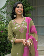 Silk Blend Embroidered Straight 3 Piece Kurta Set