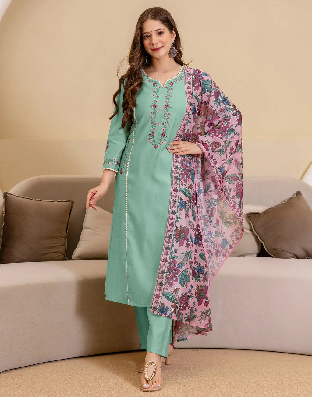 Silk Blend Embroidered Straight 3 Piece Kurta Set