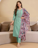 Silk Blend Embroidered Straight 3 Piece Kurta Set