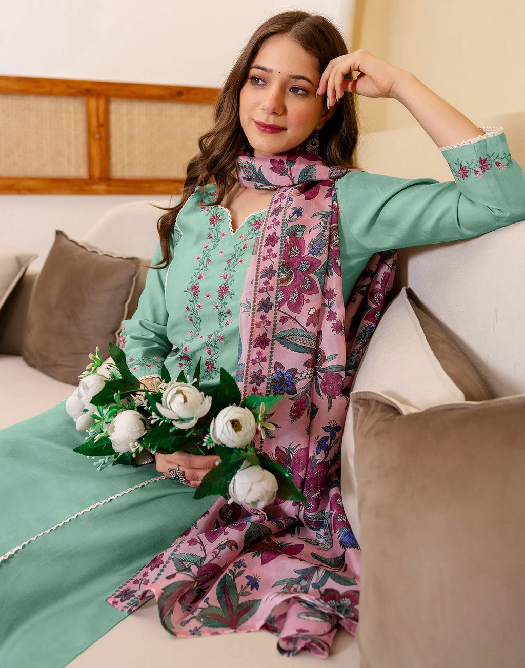 Silk Blend Embroidered Straight 3 Piece Kurta Set