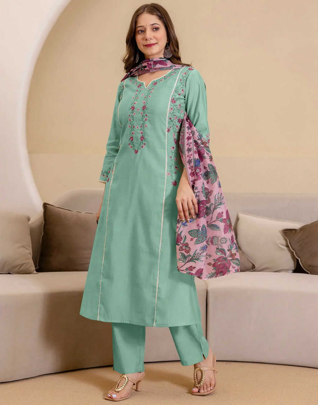Silk Blend Embroidered Straight 3 Piece Kurta Set