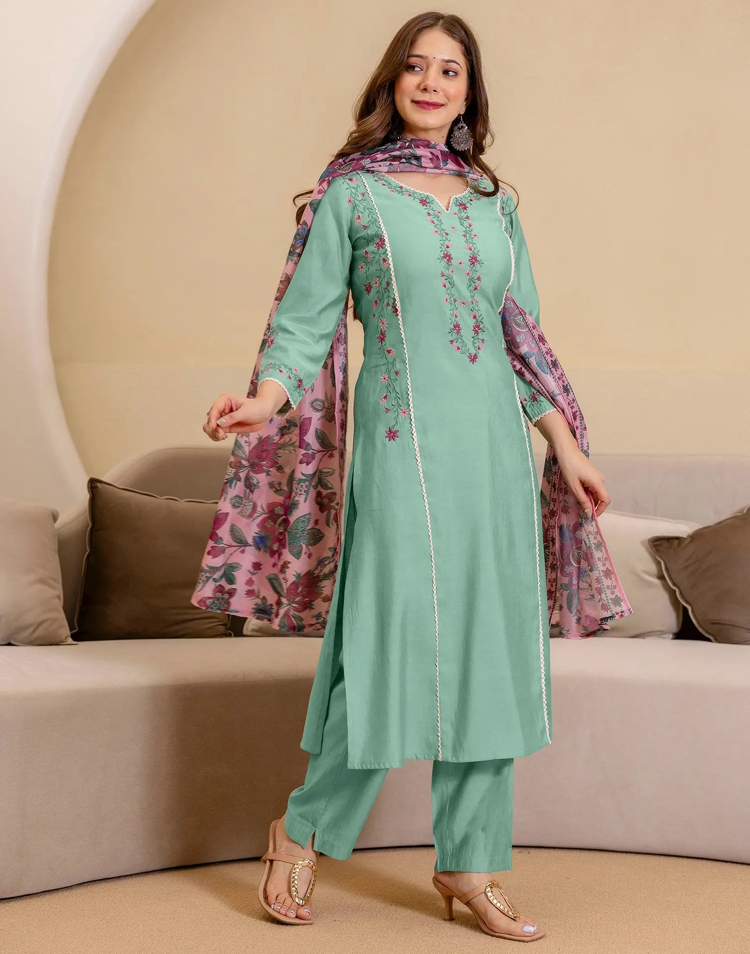 Silk Blend Embroidered Straight 3 Piece Kurta Set