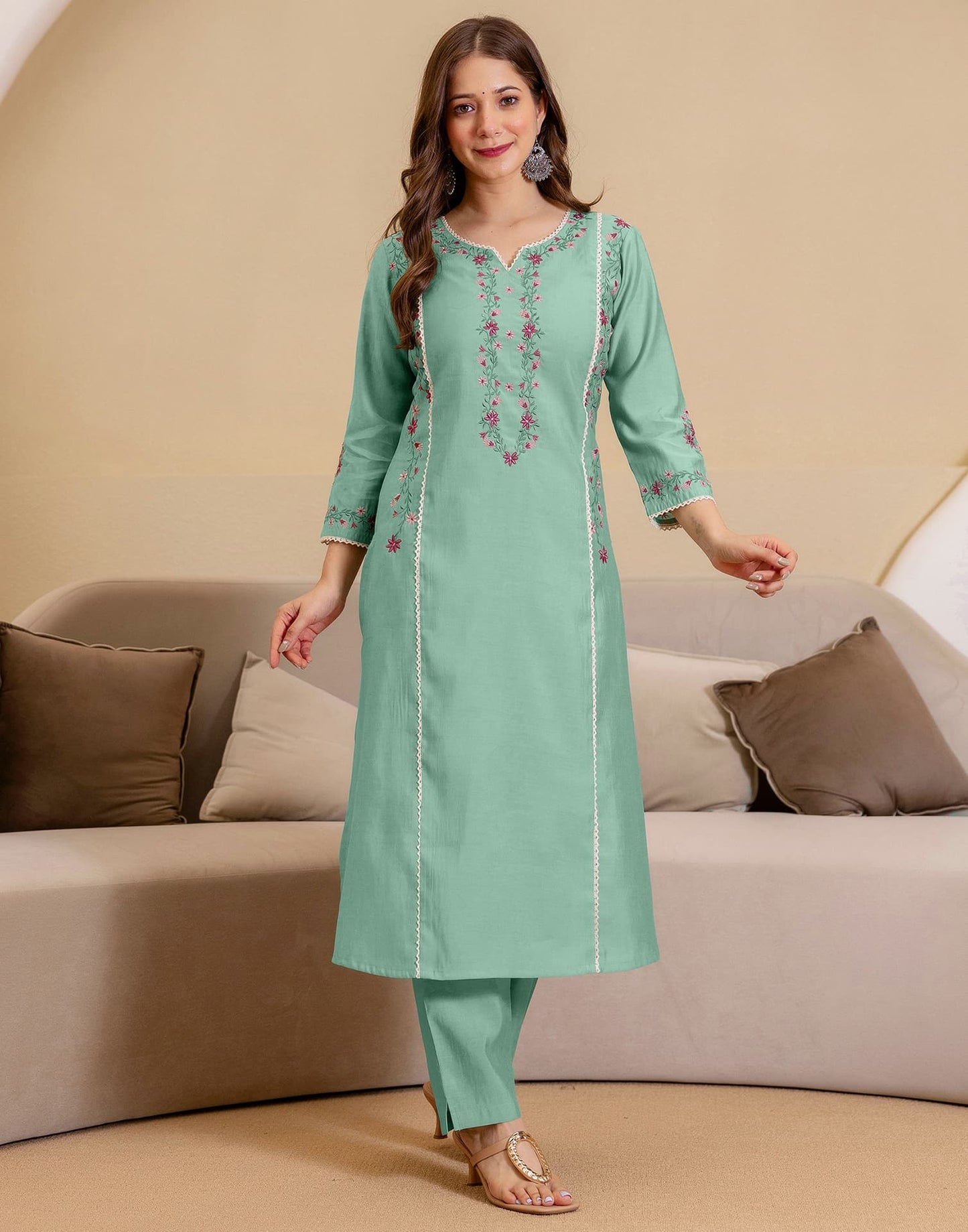 Silk Embroidered Straight Kurta with Pant & Dupatta
