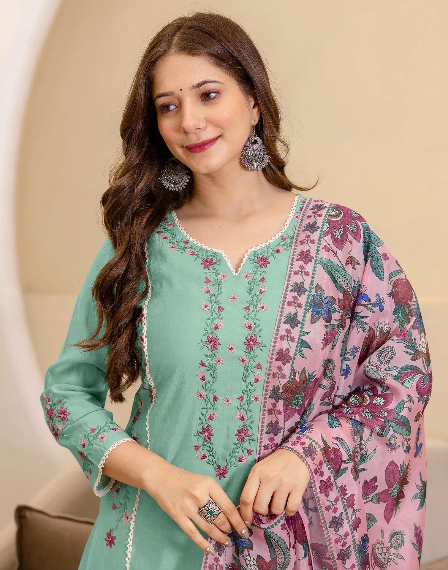 Silk Blend Embroidered Straight 3 Piece Kurta Set