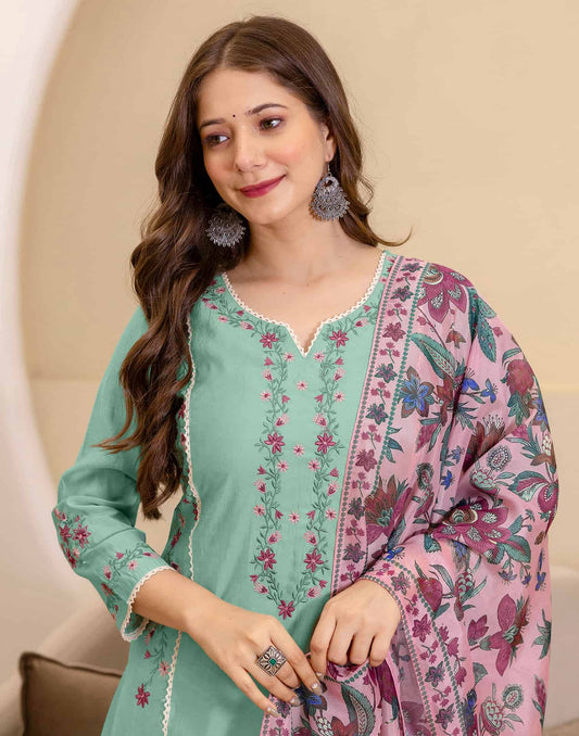 Silk Embroidered Straight Kurta with Pant & Dupatta