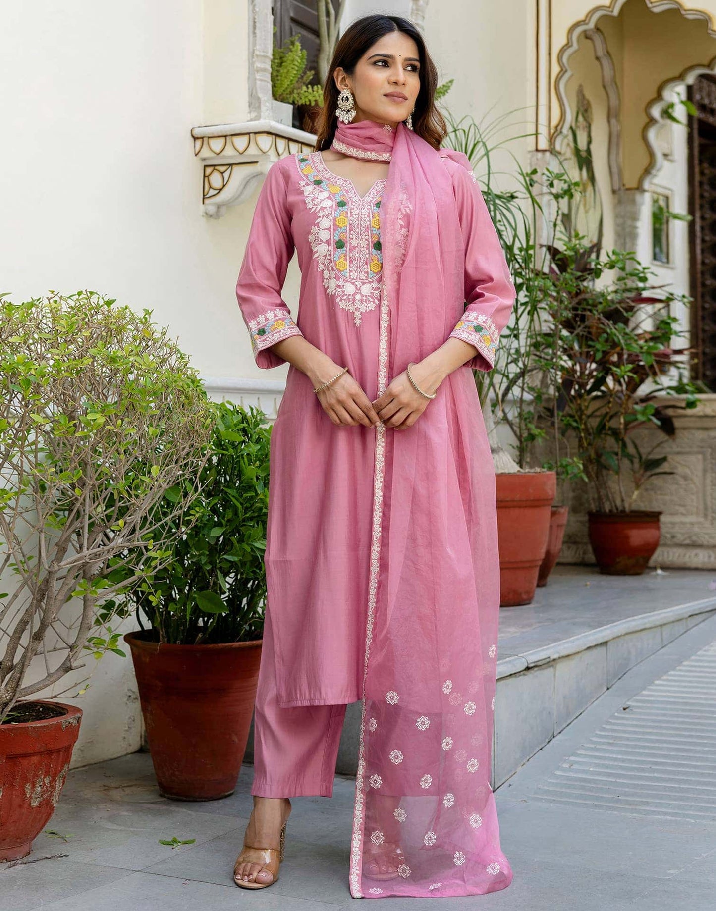 Silk Embroidered Straight Kurta with Pant & Dupatta