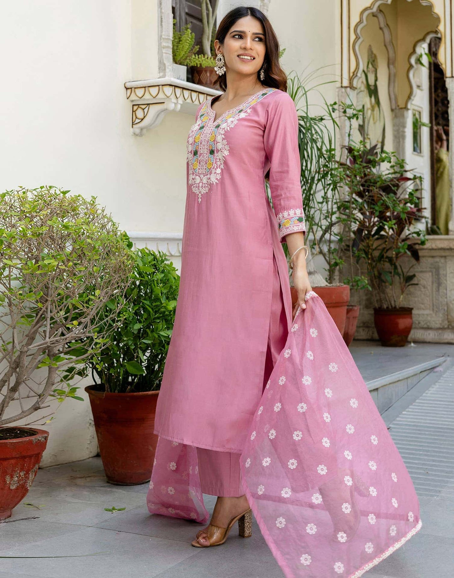Silk Embroidered Straight Kurta with Pant & Dupatta
