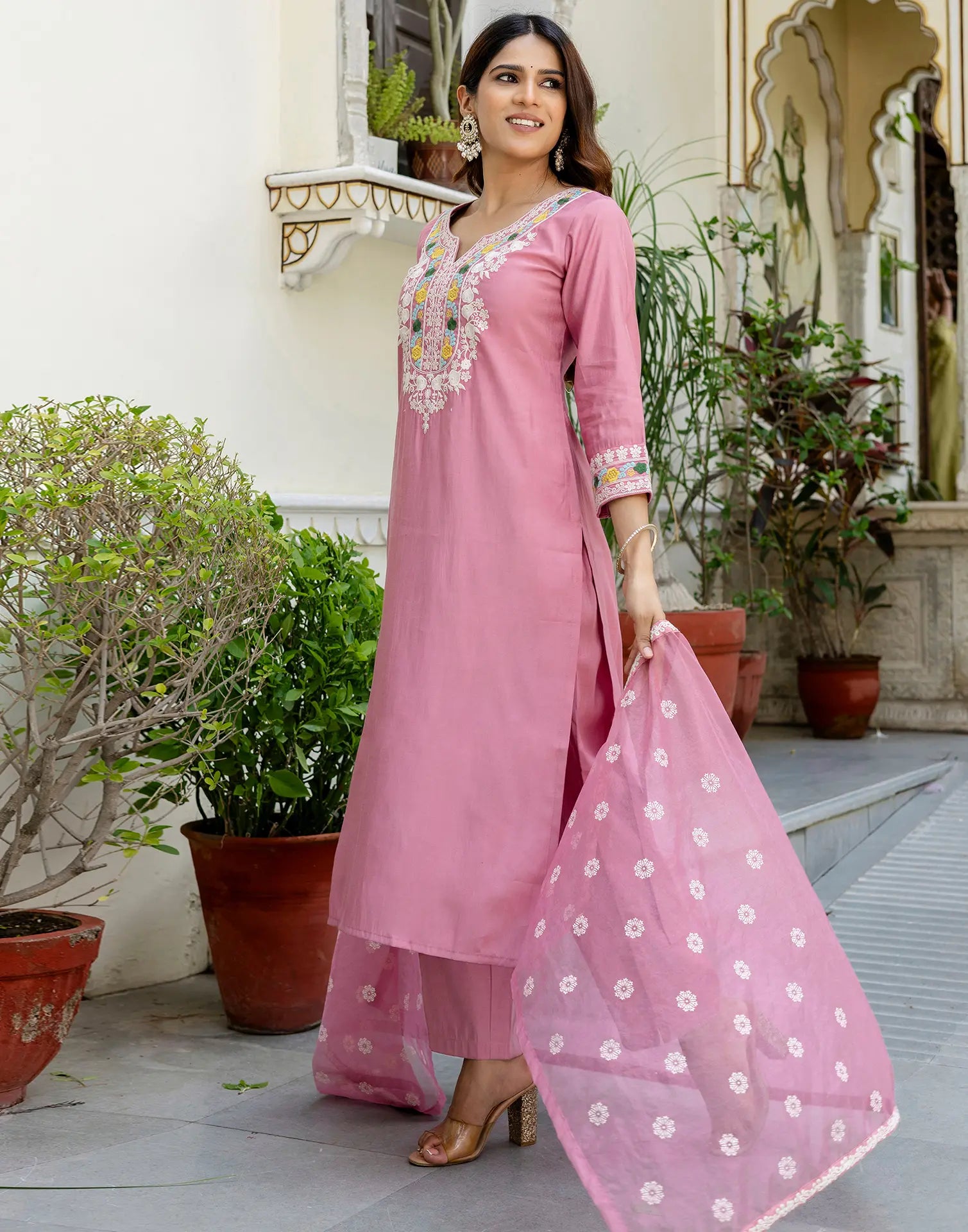 Silk Blend Embroidered Straight 3 Piece Kurta Set