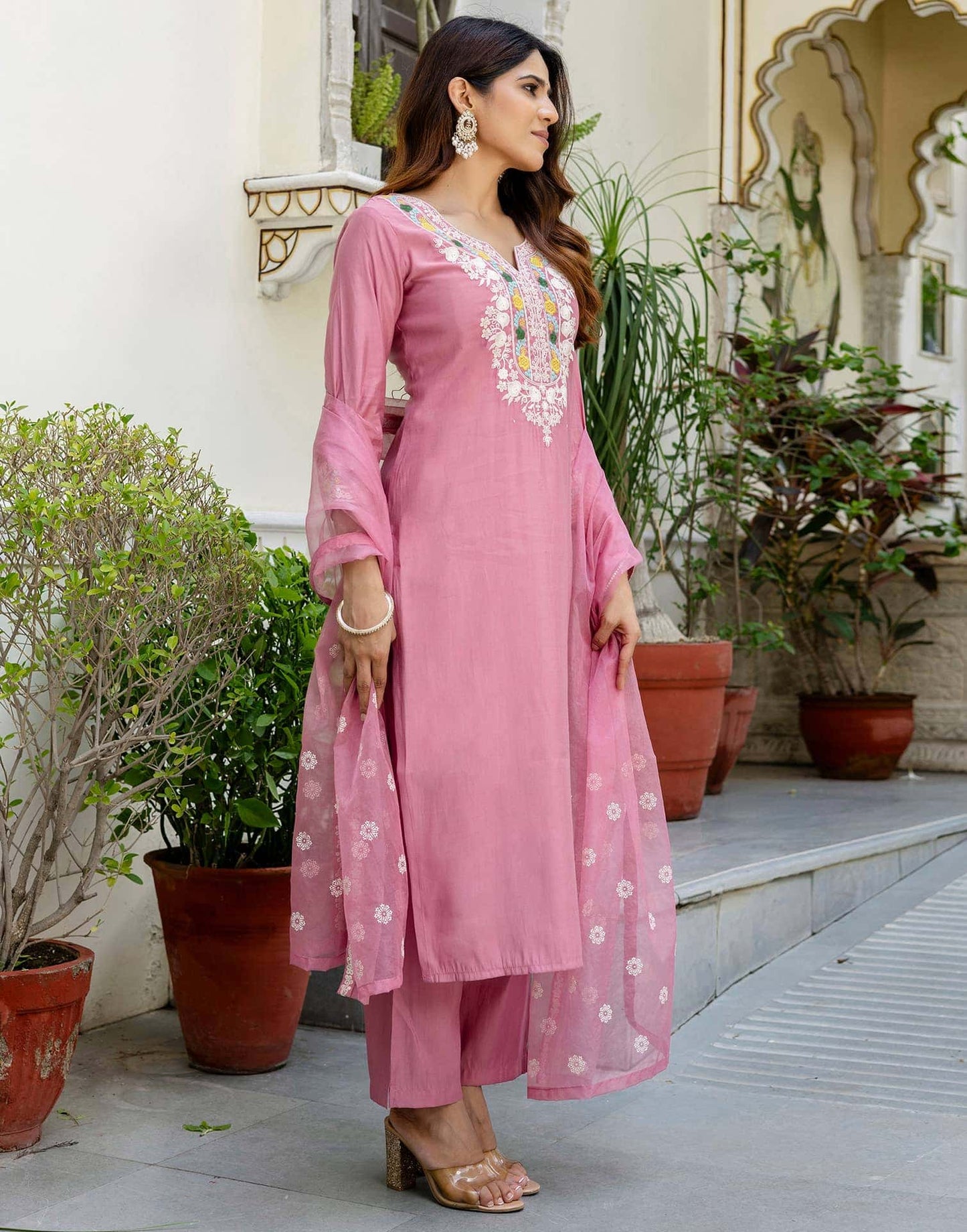 Silk Embroidered Straight Kurta with Pant & Dupatta