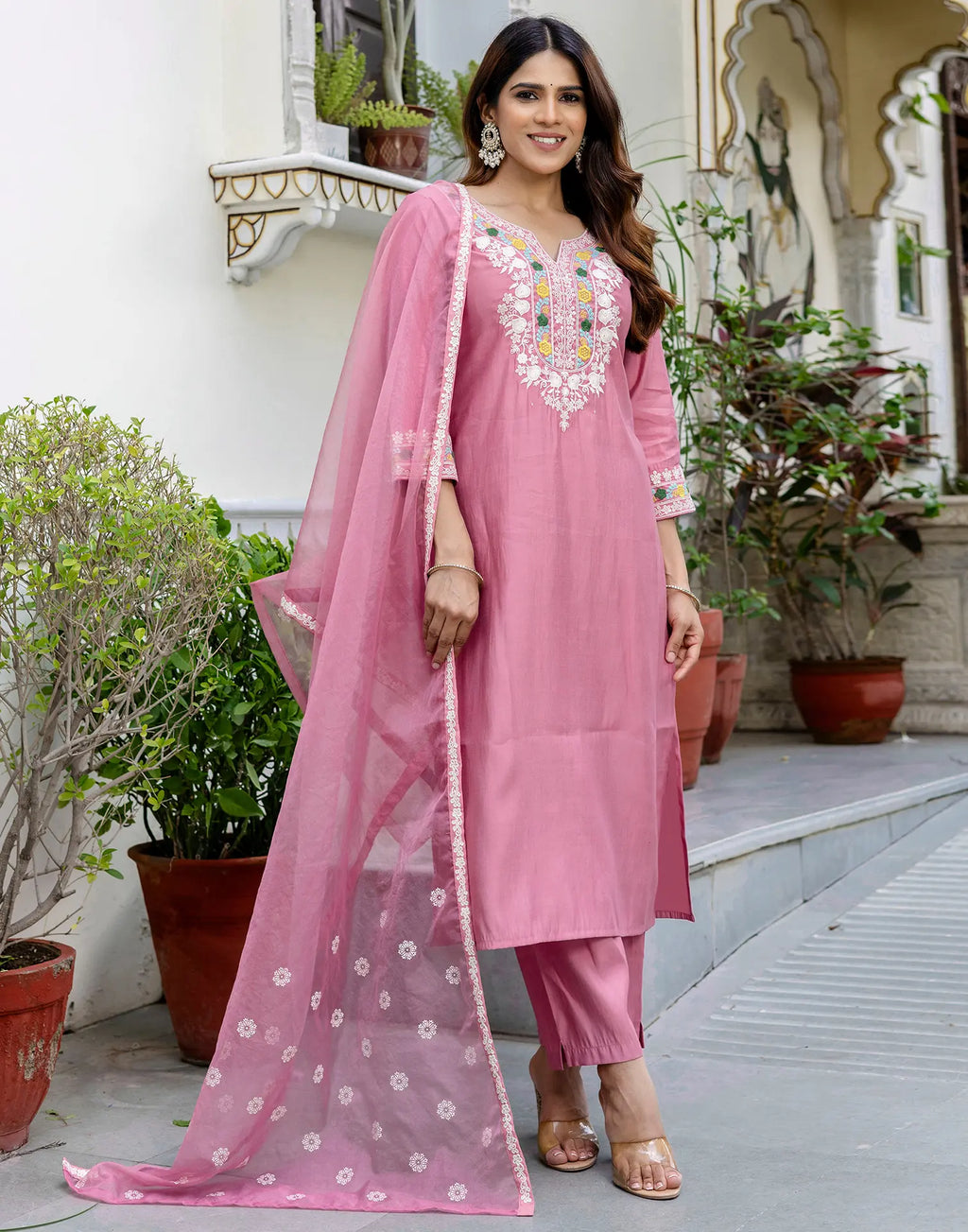 Silk Blend Embroidered Straight 3 Piece Kurta Set