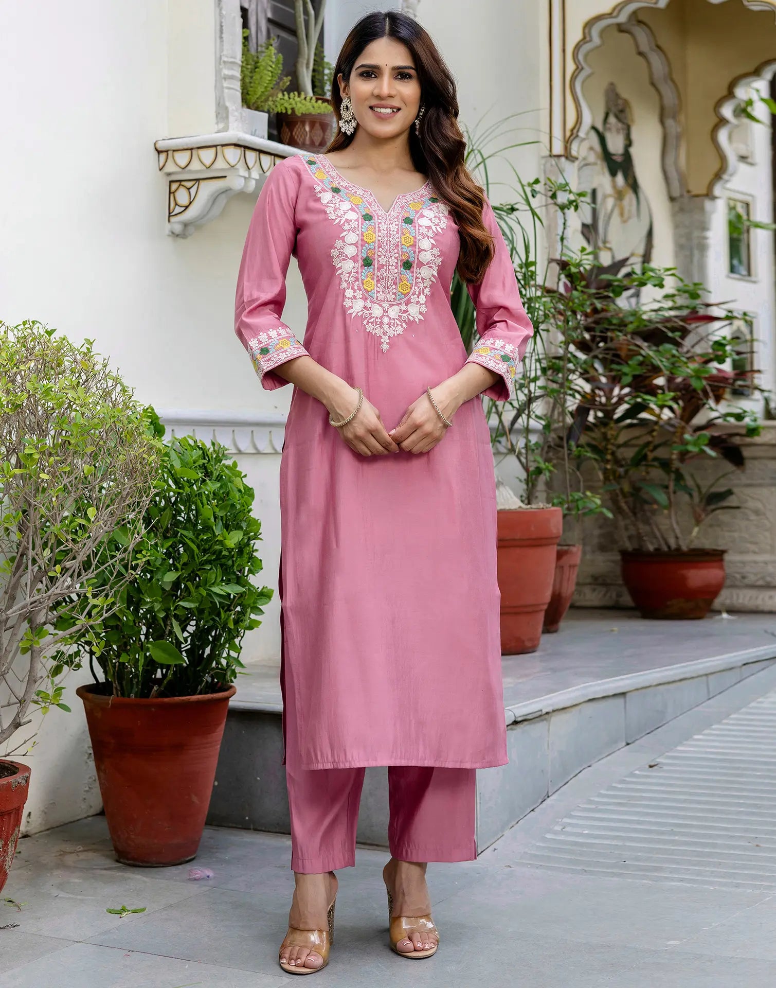 Silk Blend Embroidered Straight 3 Piece Kurta Set