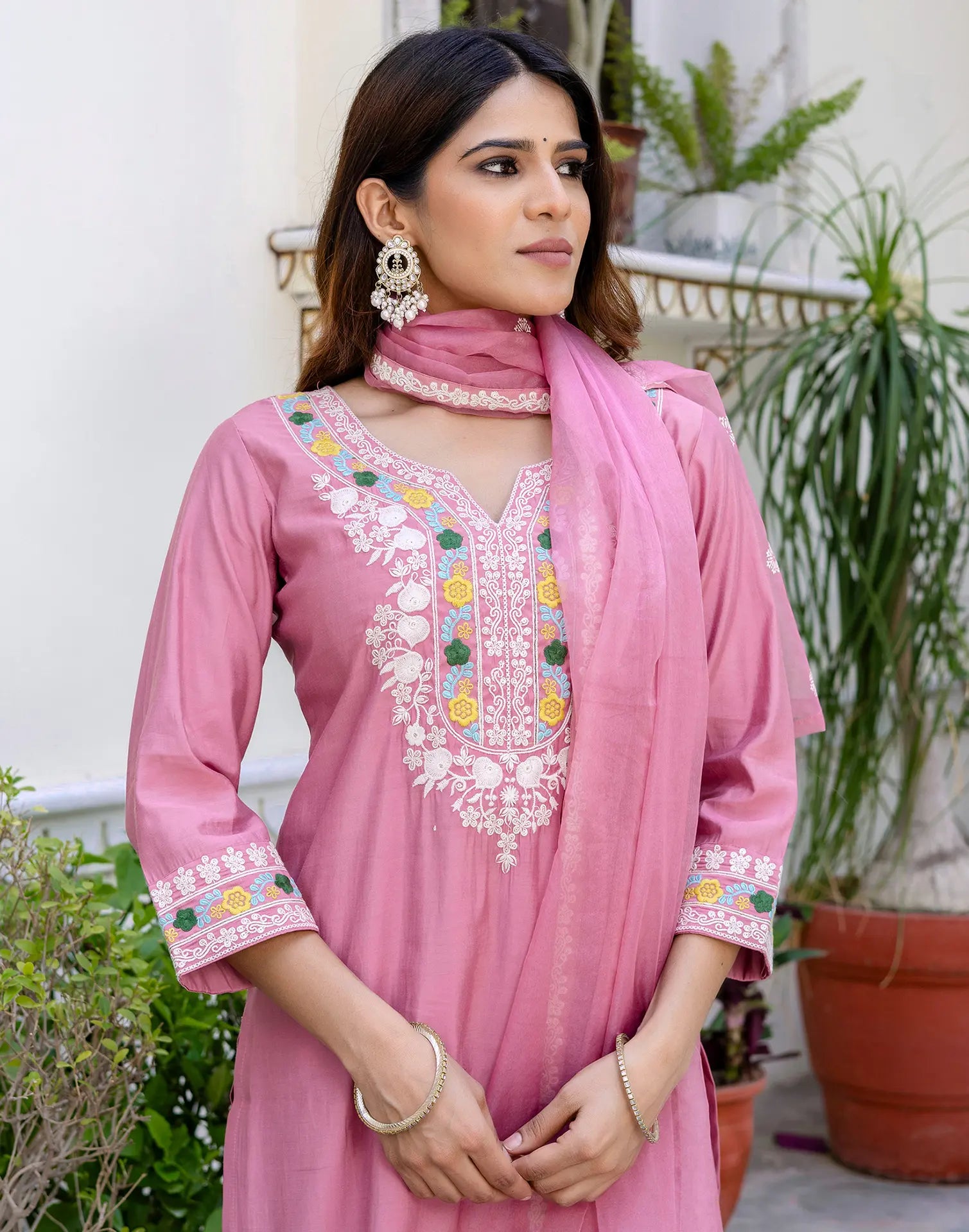 Silk Blend Embroidered Straight 3 Piece Kurta Set
