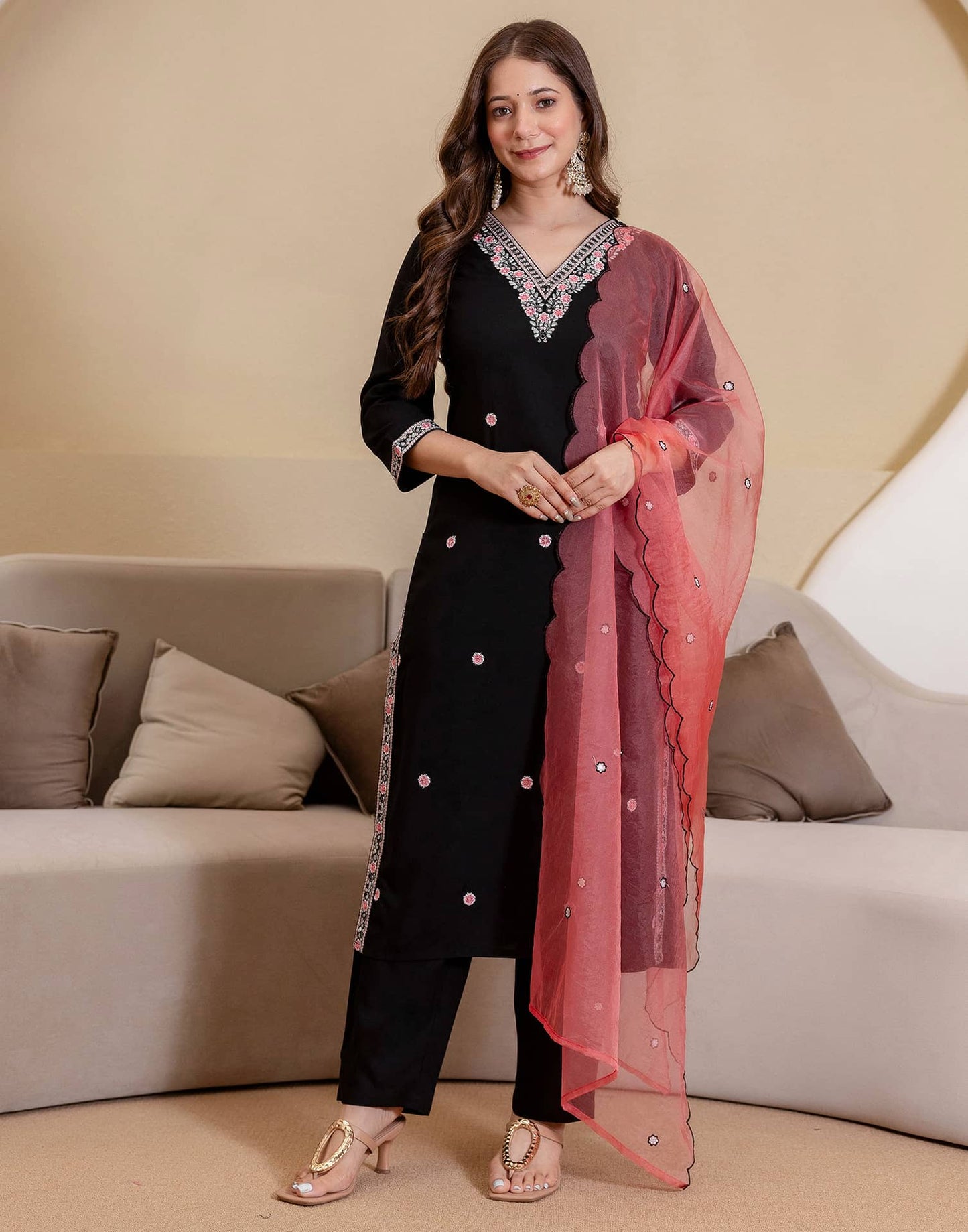 Rayon Embroidered Straight Kurta with Pant & Dupatta