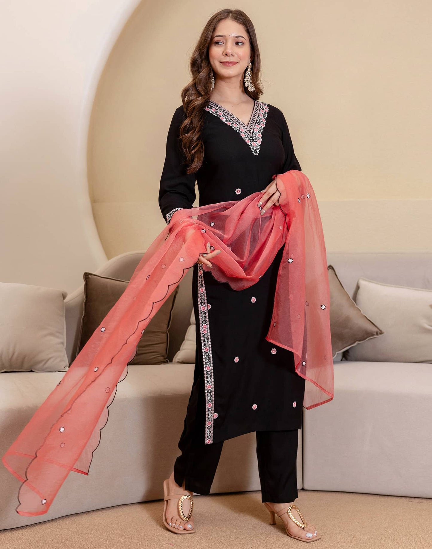 Rayon Embroidered Straight Kurta with Pant & Dupatta