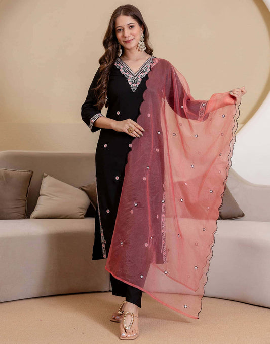 Rayon Embroidered Straight Kurta with Pant & Dupatta
