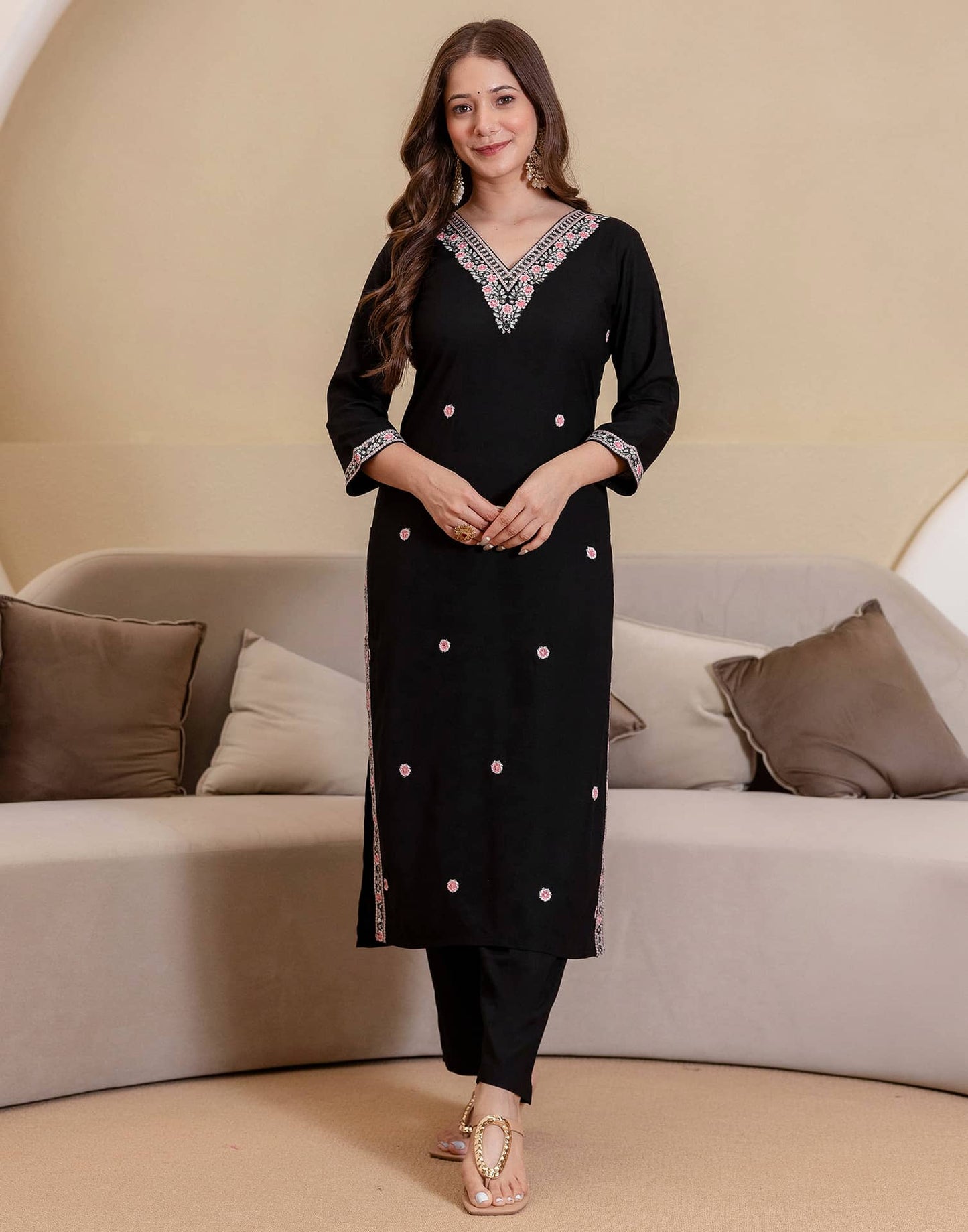 Rayon Embroidered Straight Kurta with Pant & Dupatta