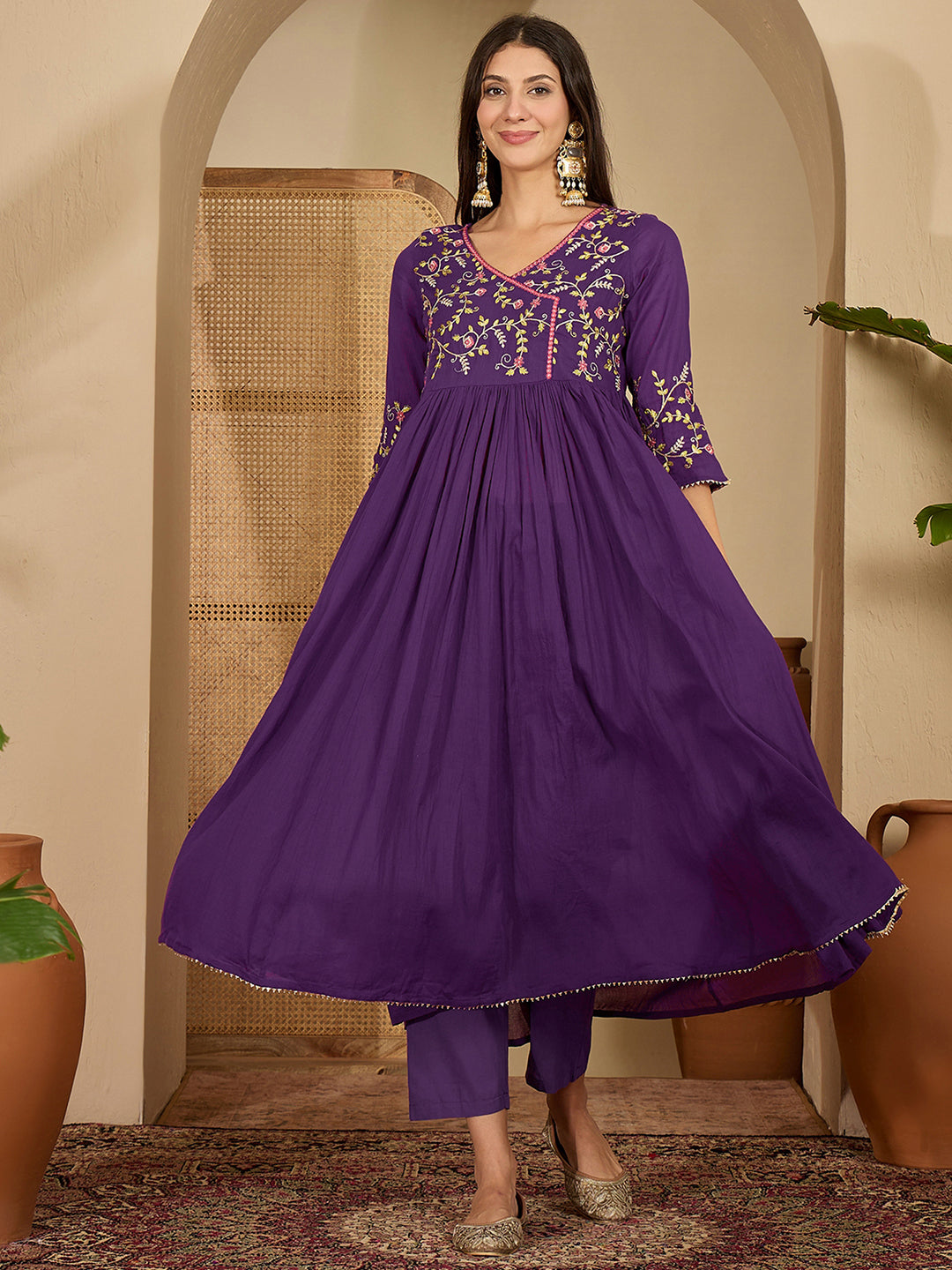 Cotton Embroidered Anarkali Kurta with Pant & Dupatta