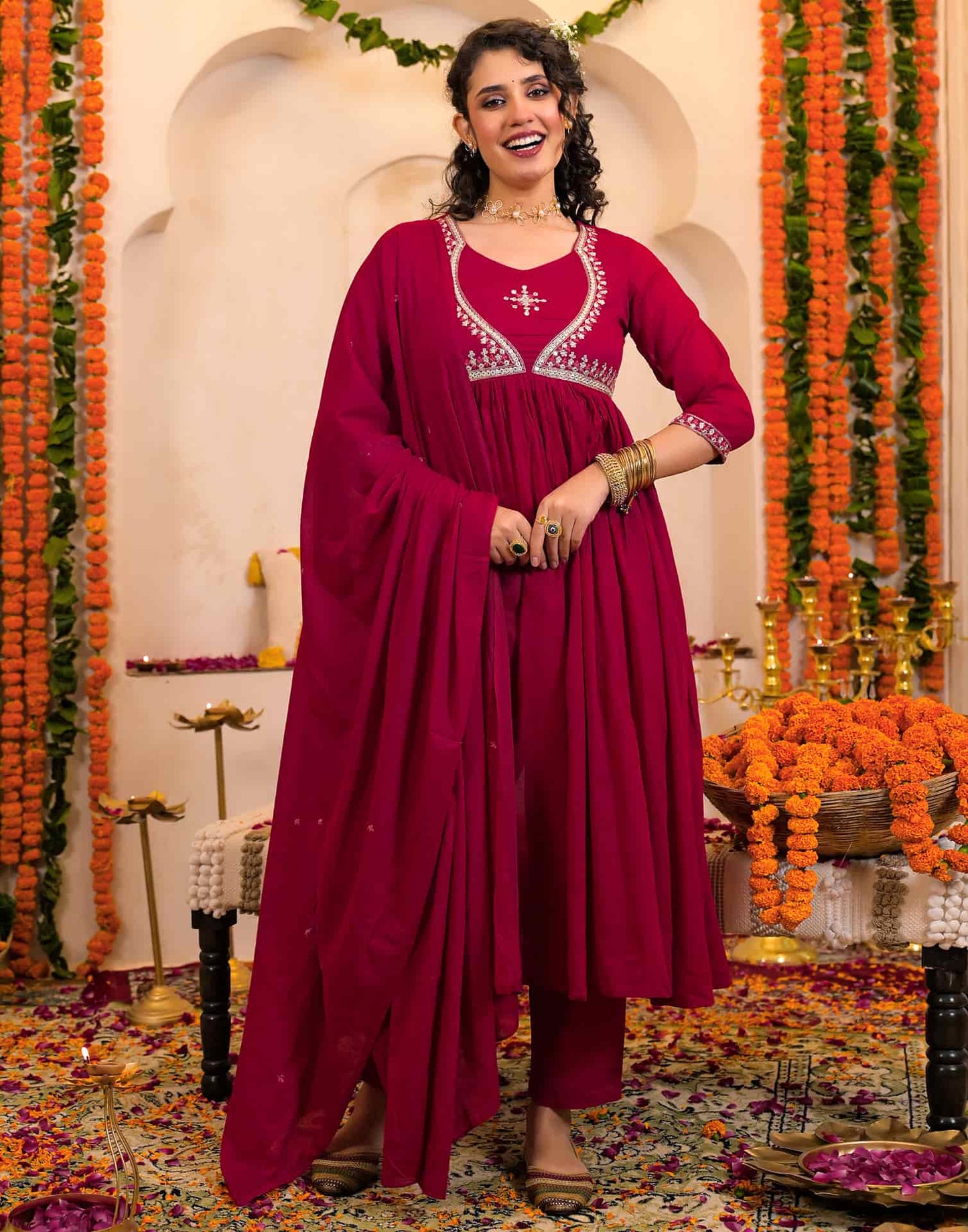 Cotton Embroidered Anarkali Kurta with Pant & Dupatta