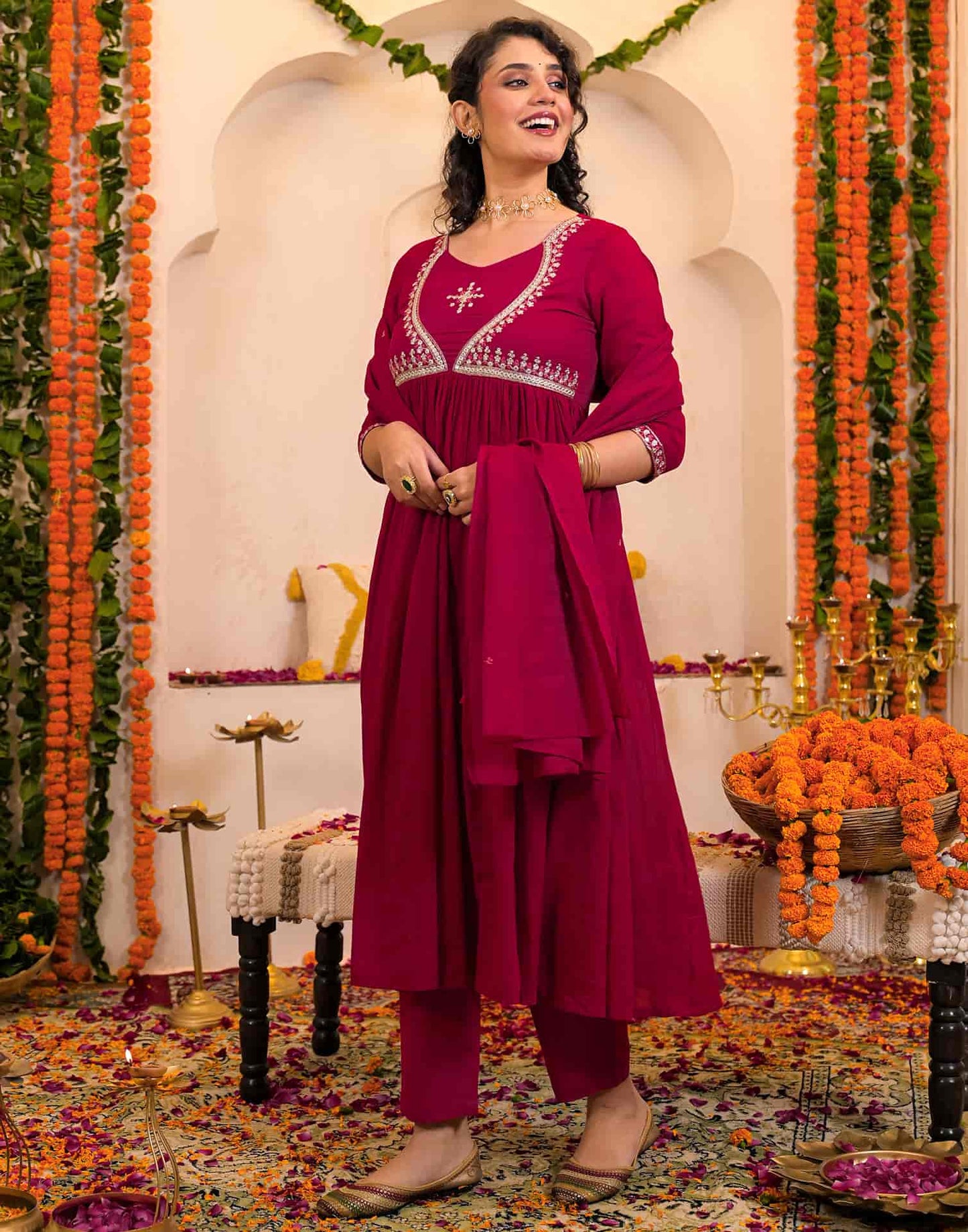 Cotton Embroidered Anarkali Kurta with Pant & Dupatta