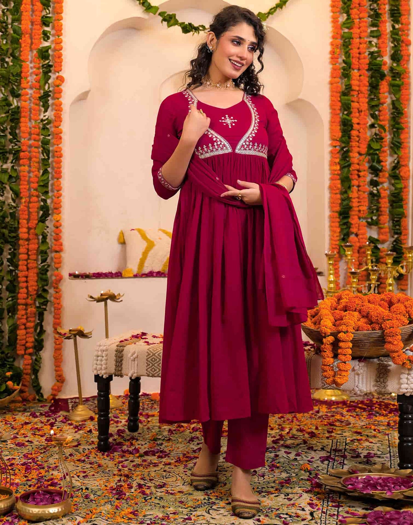 Cotton Embroidered Anarkali Kurta with Pant & Dupatta