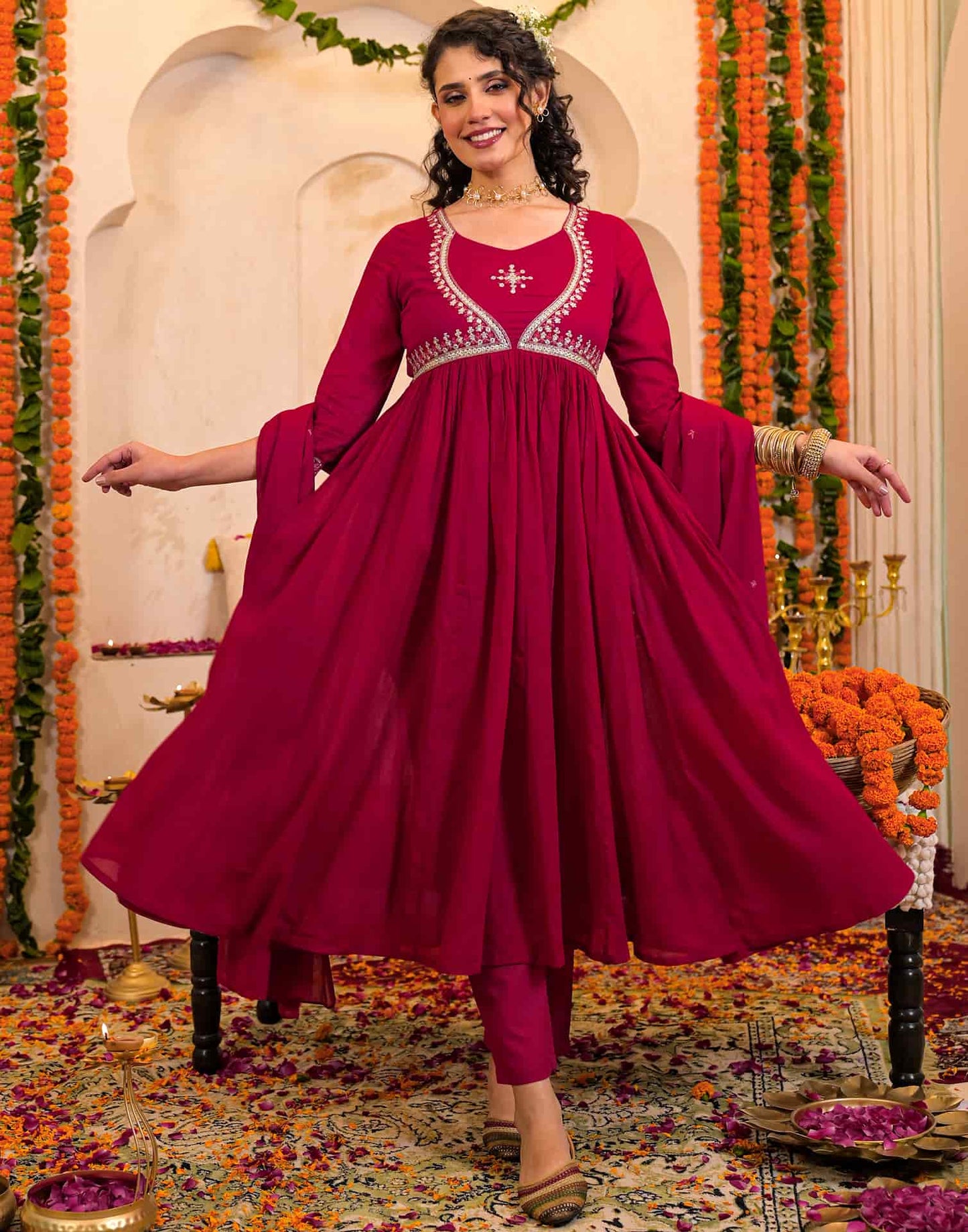 Cotton Embroidered Anarkali Kurta with Pant & Dupatta