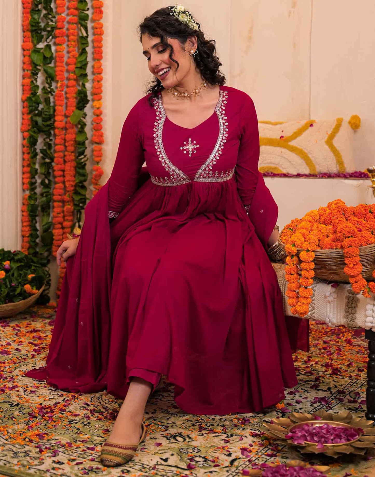Cotton Embroidered Anarkali Kurta with Pant & Dupatta