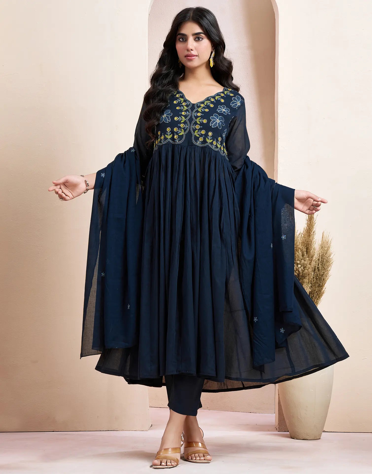 Pure Cotton Embroidered Anarkali 3 Piece Kurta Set