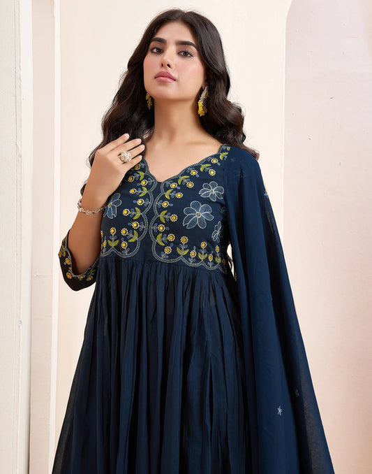 Pure Cotton Embroidered Anarkali 3 Piece Kurta Set