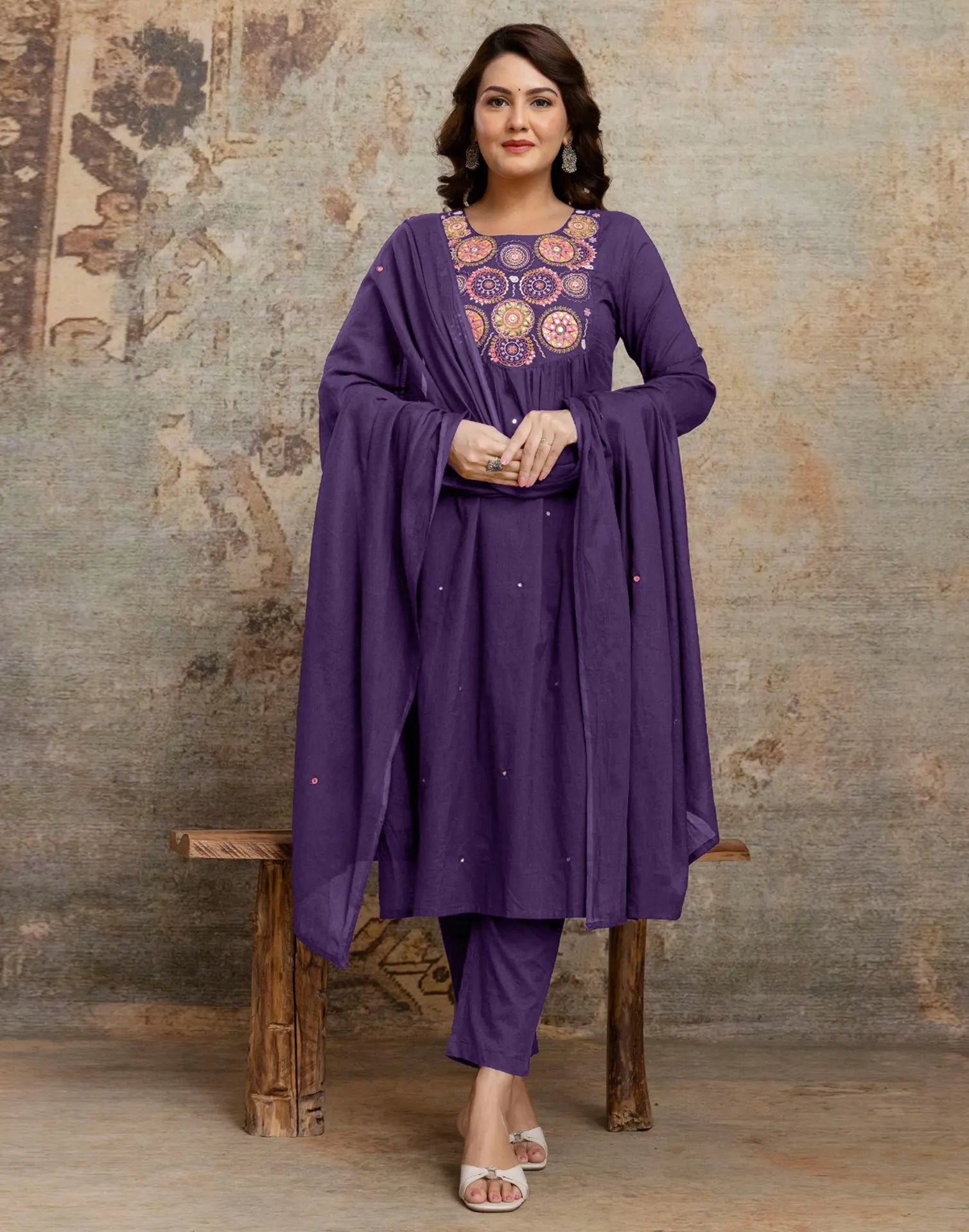 Cotton Embroidered A-Line 3 Piece Kurta Set