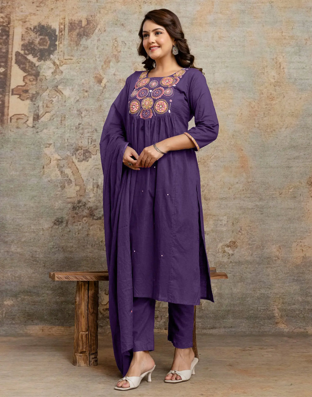 Cotton Embroidered A-Line 3 Piece Kurta Set