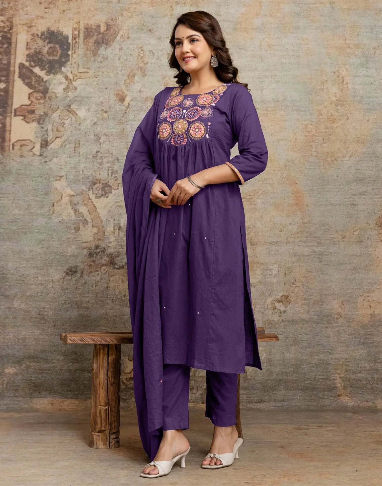 Cotton Embroidered A-Line 3 Piece Kurta Set