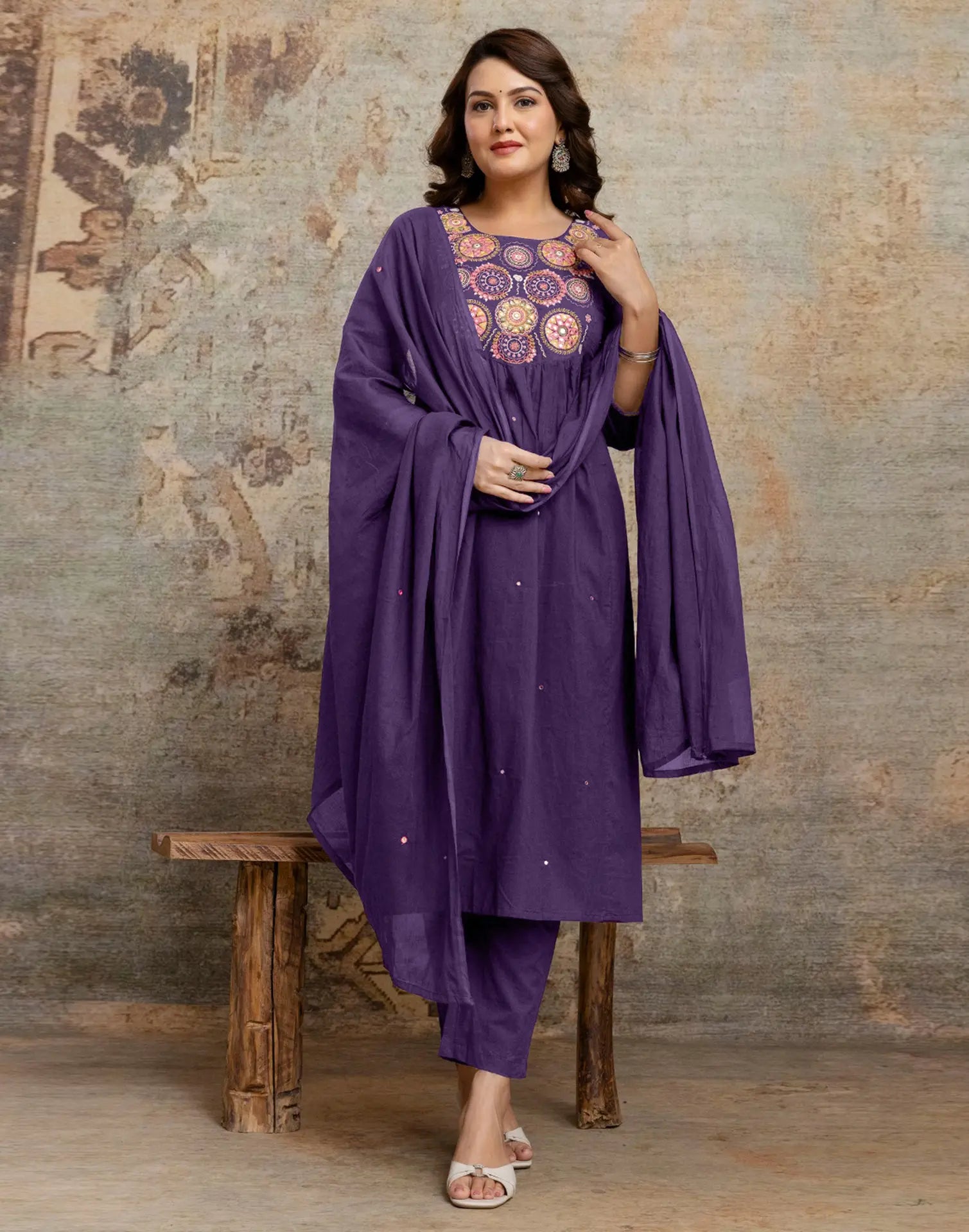Cotton Embroidered A-Line 3 Piece Kurta Set