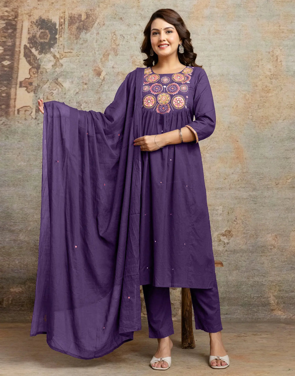 Cotton Embroidered A-Line 3 Piece Kurta Set