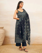 Skylee Cotton Printed Straight 3 Piece Kurta Set For Woman