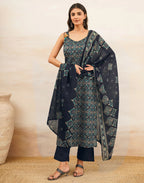 Skylee Cotton Printed Straight 3 Piece Kurta Set For Woman