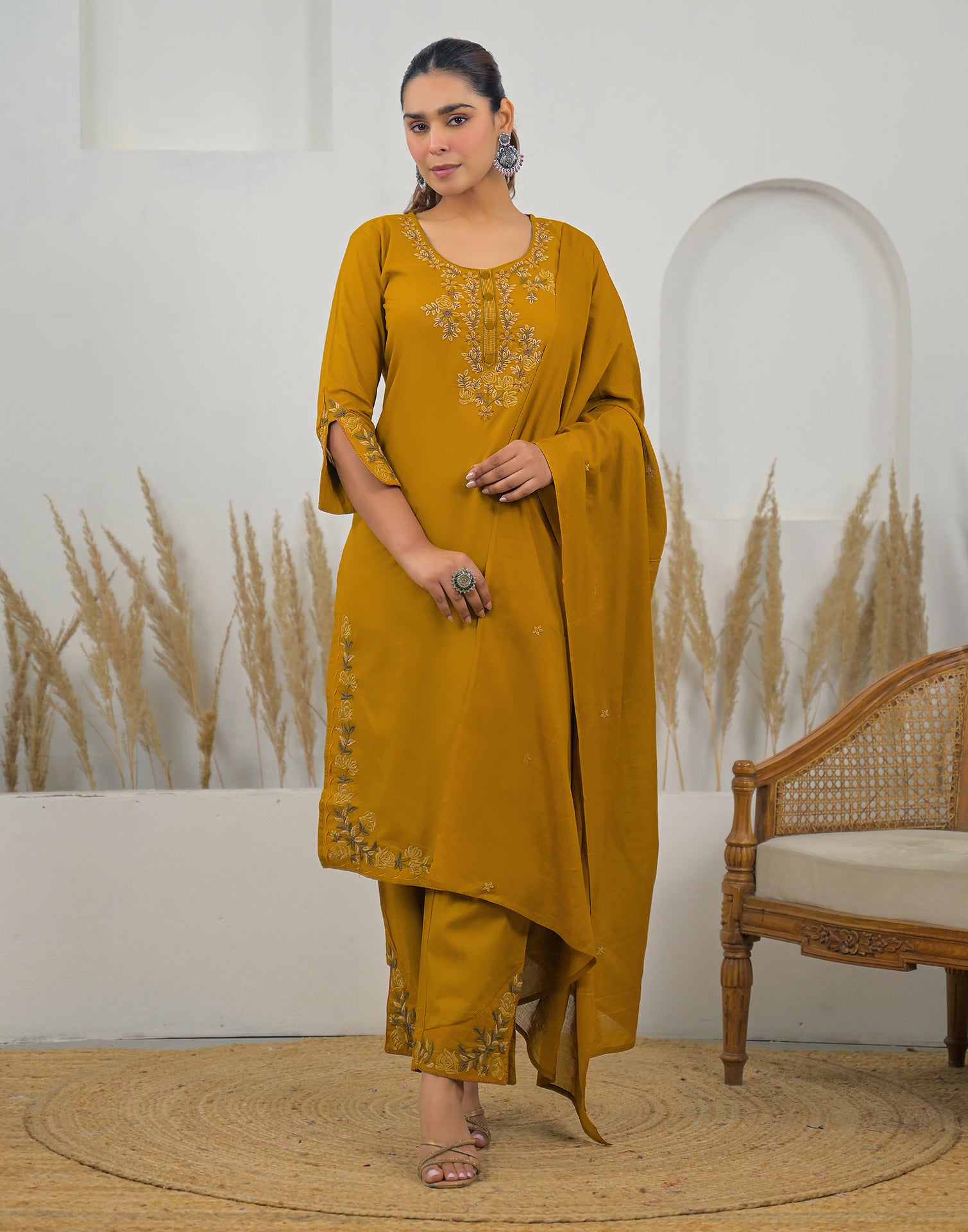 Skylee Cotton Embroidered Straight 3 Piece Kurta Set For Woman