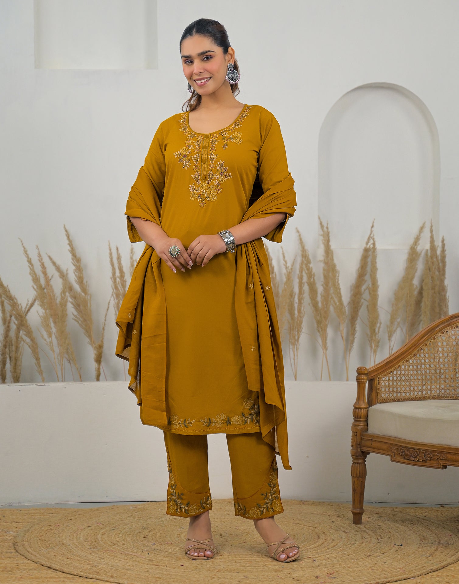 Skylee Cotton Embroidered Straight 3 Piece Kurta Set For Woman