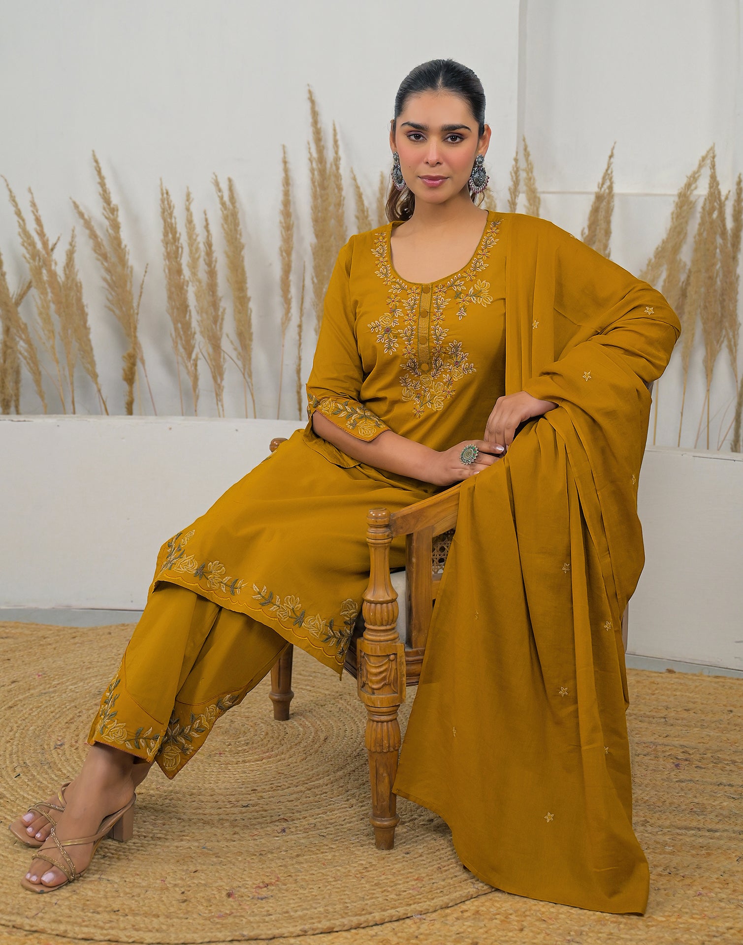 Skylee Cotton Embroidered Straight 3 Piece Kurta Set For Woman