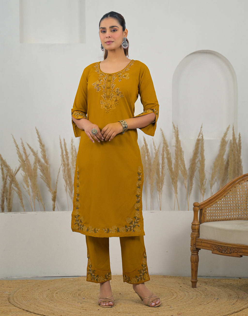 Skylee Cotton Embroidered Straight 3 Piece Kurta Set For Woman