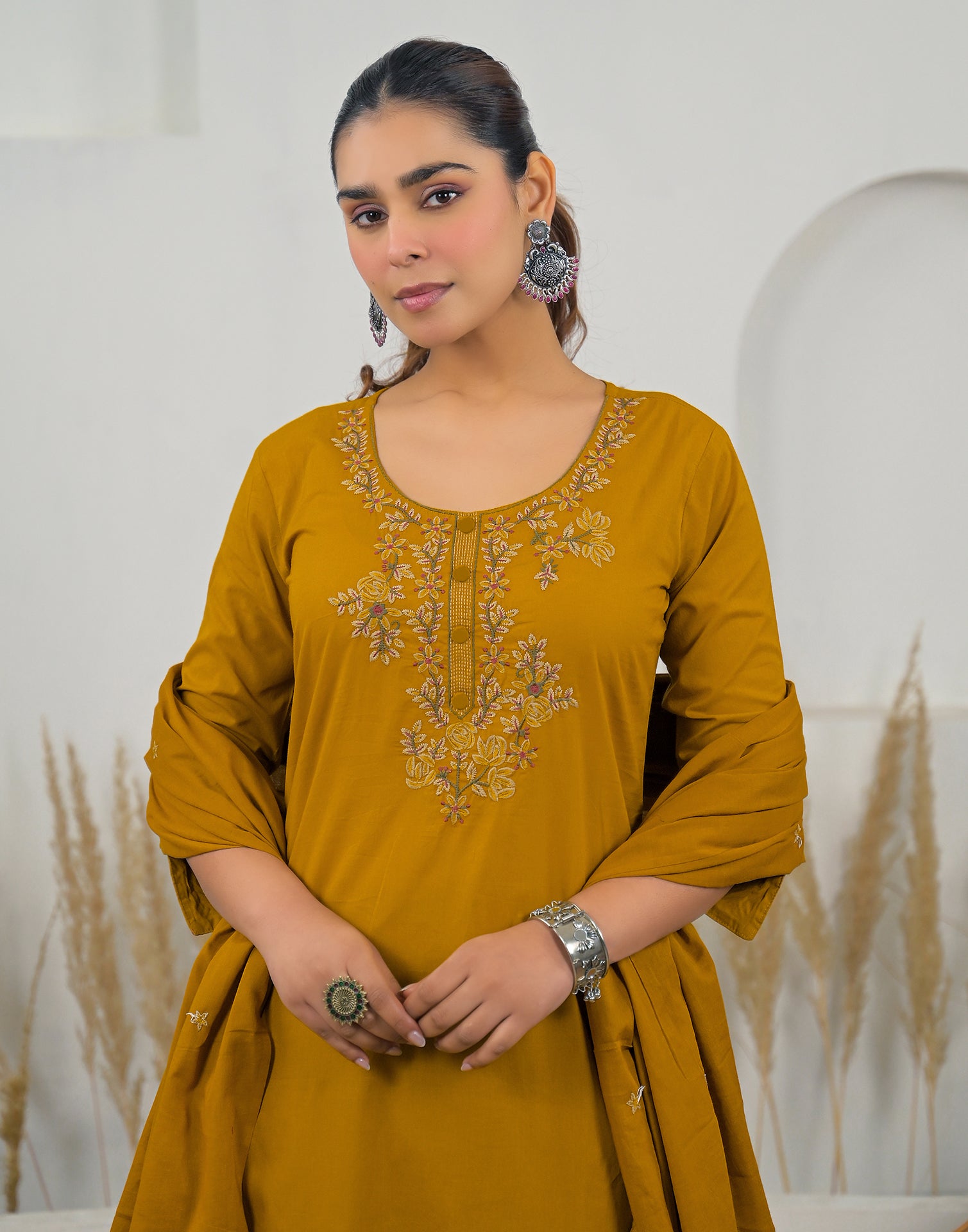 Skylee Cotton Embroidered Straight 3 Piece Kurta Set For Woman