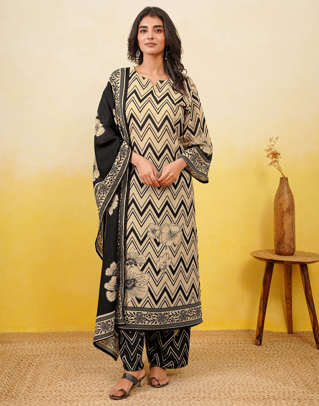 Blanched Almond Beige Notched Round Neck Digital Printed Straight 3 Piece Kurta Set with Dupatta