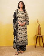 Blanched Almond Beige Notched Round Neck Digital Printed Straight 3 Piece Kurta Set with Dupatta