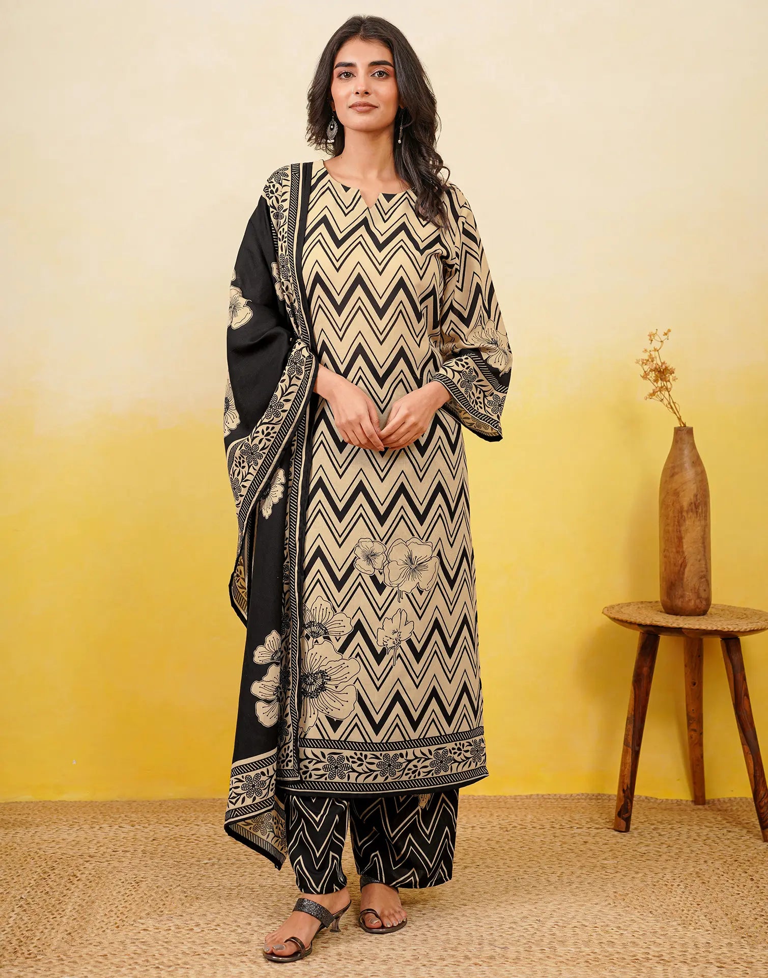 Blanched Almond Beige Notched Round Neck Digital Printed Straight 3 Piece Kurta Set with Dupatta