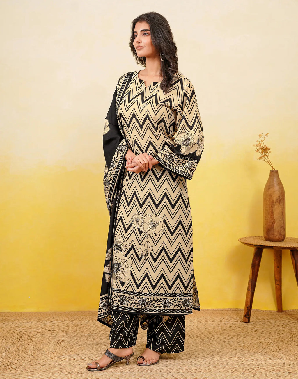 Blanched Almond Beige Notched Round Neck Digital Printed Straight 3 Piece Kurta Set with Dupatta