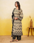 Blanched Almond Beige Notched Round Neck Digital Printed Straight 3 Piece Kurta Set with Dupatta