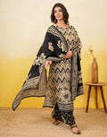 Blanched Almond Beige Notched Round Neck Digital Printed Straight 3 Piece Kurta Set with Dupatta