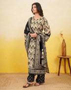 Blanched Almond Beige Notched Round Neck Digital Printed Straight 3 Piece Kurta Set with Dupatta