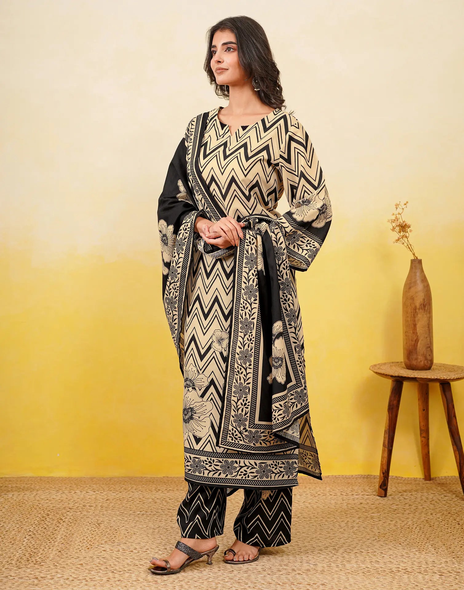 Blanched Almond Beige Notched Round Neck Digital Printed Straight 3 Piece Kurta Set with Dupatta