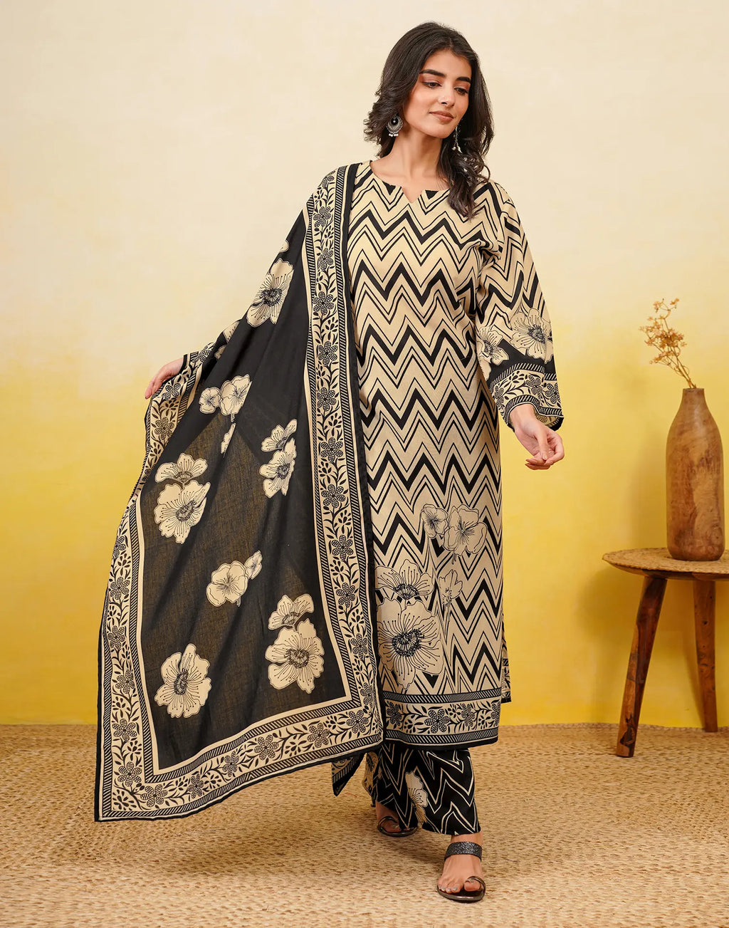 Blanched Almond Beige Notched Round Neck Digital Printed Straight 3 Piece Kurta Set with Dupatta