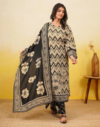 Blanched Almond Beige Notched Round Neck Digital Printed Straight 3 Piece Kurta Set with Dupatta